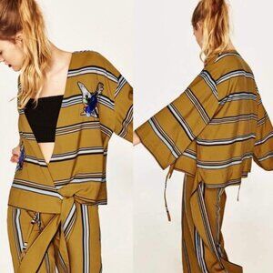 ZARA Mustard Striped Kimono With Bird Embellishments, Size Medium/Large